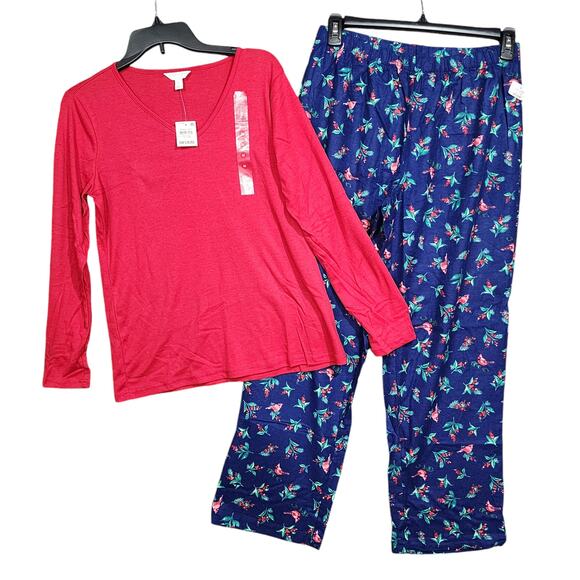 Charter Club Pajama Set Long Sleeve V Neck Top Flannel Bottoms Holly Bird Medium - Picture 1 of 10